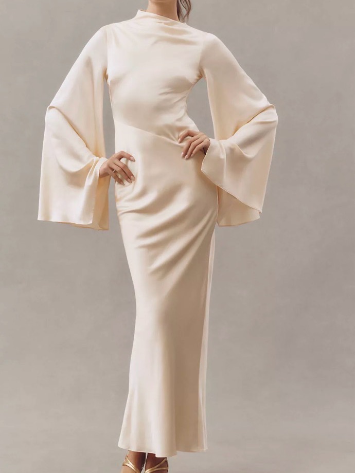 Anthropologie Cream Long-Sleeve Satin Maxi Dress